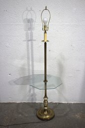 Vintage Brass Floor Lamp With Glass Table And Beige Lampshade