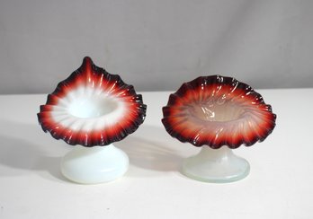 Antique Hand-Blown Victorian Art Glass Vases  4' & 5'  Ruffled Edge, Cranberry Opalescent