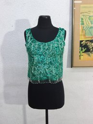 Vintage Green Beaded Sequin Fringe Top Sleeveless Evening Blouse Size Small