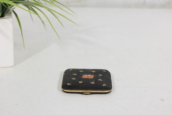 Vintage Black Satin Powder Compact  Embroidered Floral Mirrored Makeup Case 2.75'