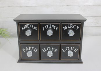 Decorative Apothecary Chest With 6 Drawers  Kindness, Patience, Mercy, Faith, Hope, Love