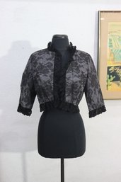 Vintage Black Lace Cropped Jacket Bolero Ruffled Trim 3/4 Sleeve Size Small