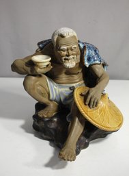 Large Hand-Painted 11' Ceramic Figurine - Elderly Man With Tea Cup And Hat