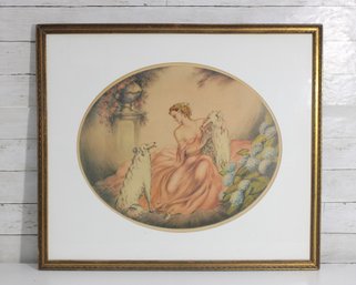 Renart Art Deco Style Lithograph  Pencil Signed 13/250  Female With Borzoi Dogs  Framed 25.5 X 29.5