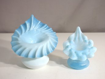 Antique Hand-Blown Victorian Art Glass Vases  5' & 6.25'  Blue Opalescent Swirl & Ruffled Edge