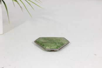 Vintage Green Mottled Enamel Powder Compact W/ Mirror & Puff  Vanity Compact 3.5'