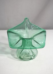 Antique Hand-Blown Art Glass Vase  5.5'  Emerald Green Freeform Ruffled Design