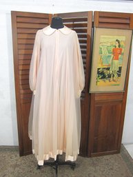 Vintage Sheer Chiffon Nightgown Or Peignoir  Ivory Blush  Peter Pan Collar  Zip Front  Elegant Lounge Wear