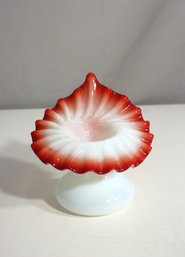 Antique Hand-Blown Art Glass Vase  5'  Cranberry Opalescent Ruffled Edge