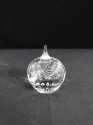 Vintage Hand-Blown Art Glass Apple Paperweight  Clear With Leaf & Controlled Bubbles  3'