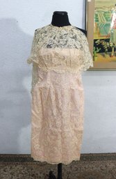 Vintage Pink Lace Cocktail Dress Sheer Overlay Cape Sleeve Formal Size Small