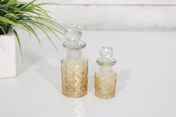 Vintage Iridescent Orange Cut Glass Perfume Bottles W/ Faceted Stoppers  Set Of 2