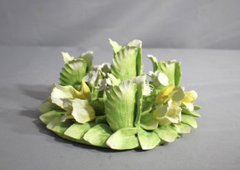 Vintage Floral Porcelain Candle Holder With Leaf Motif-italy