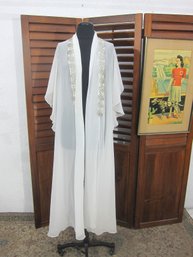 Vintage Sheer Chiffon Robe  Ivory  Beaded Trim  Flowing Sleeves  Hollywood Glam