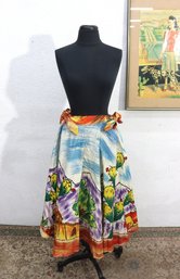 Vintage Mexican Scenic Skirt Hand-Painted Style Wrap Skirt Folk Art Size Small