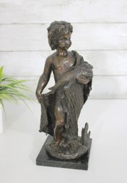 Antique Signed Bronze Sculpture Of Child With Fish & Net  Figurative Cast  11' Tall