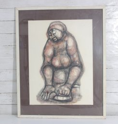 Signed Expressionist Figurative Drawing  Seated Female Nude Study  Framed 31 X 24.5