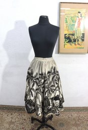 Vintage Tropical Palm Tree Print Skirt Black & Ivory Scenic Skirt Size Small