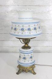 Vintage Floral Milk Glass Hurricane Table Lamp  Ornate Brass Base, 22' Tall