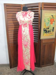 Vintage 2-Piece Floral Evening Gown Set  Ivory & Pink  Satin Dress W/ Sheer Chiffon Overlay