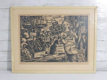 Signed Woodcut Style Print  Market Scene With Figures  Dated 1971  Framed 21 X 27