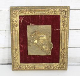 Signed Brass Relief Horse & Rider Plaque In Ornate Frame  11' X 9.5'