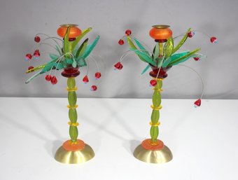 Pair Of Orna Lalo Modern Art Candlesticks  Colorful Floral Design  14 Tall