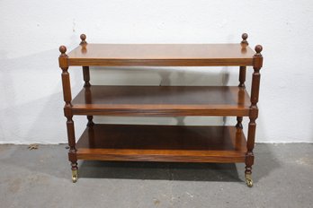 Antique Burl Wood Three-Tiered Serving Cart With Brass Casters