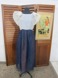 Vintage Sheer Blouse & Navy Skirt Set  Pleated Flutter Sleeves  Size Small