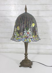 Vintage Tiffany Style Stained Glass Table Lamp  Floral Shade  Ornate Base  29' Tall