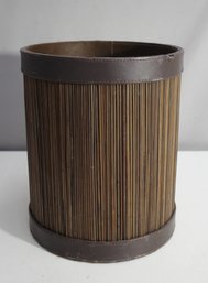 Vintage Bamboo-Style Wastebasket With Leather Trim