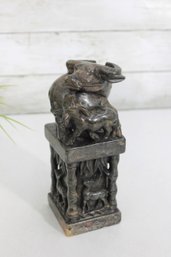 Buffalo Sculpture On Figural Pedestal  8 H  Tribal / Folk Art Style