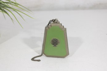 Vintage Art Deco  Ladies Compact Mirror W/ Chain  Green Enamel & Silver Tone  3.5'