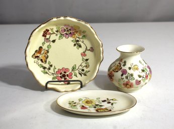 Zsolnay Hungary Floral Design 3-Piece Set - Vase, Plate, And Dish