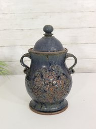 Vintage Studio Art Pottery Lidded Urn Jar W/ Handles  Floral Relief Design  12 Tall