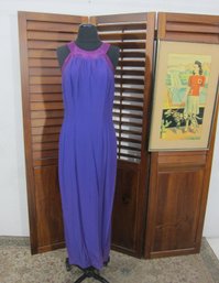 Vintage Purple Halter-Style Evening Gown  Satin Trim  Open Back  Size Small