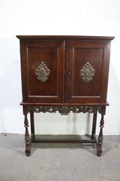 Antique Jacobean Style Mahogany Bar Cabinet With Ornate Brass Accents