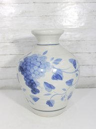 Large Blue & White Floral Ceramic Vase  Hand Painted Style  17' Tall Decorative Vessel