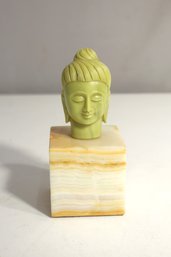 Carved Green Buddha Head On Onyx Base Decorative Sculpture