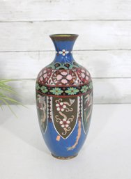 Cloisonne Enamel Vase With Dragon & Floral Motifs  9.5'H  Blue Ground  Decorative Asian Art