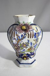 Antique Hand-Painted Floral Hexagonal Vase  6.5' Tall