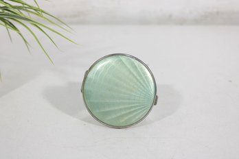 Vintage Guilloch Enamel Powder Compact Mirror  Mint Green Round Vanity Compact  3'