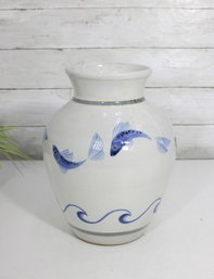 Blue & White Fish Motif Ceramic Vase  Coastal Nautical Decor  10' Tall