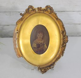 Antique Oval Gilt Frame With Painted Portrait  12'H X 10'W  Decorative Victorian Wall Art