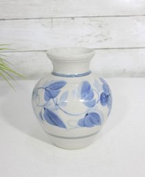 Signed Blue & White Floral Ceramic Vase  Hand Painted Style  6 Tall Decorative Vase