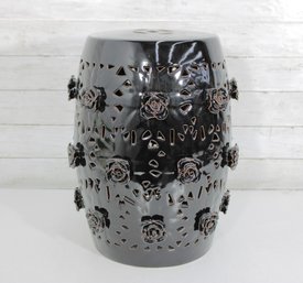 Black Glazed Ceramic Garden Stool  17.5' Tall  Pierced Floral Design, Chinoiserie Style