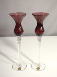 Pair Of Kaiser Krystal Tall Candlestick Holders, Elegant Ruby And Clear Glass