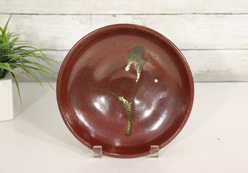Vintage Studio Art Pottery Plate / Bowl  Red Brown Glaze W/ Abstract Drip Design  8.5 Round
