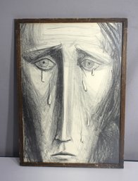 Expressive Charcoal Drawing  Surreal Weeping Face  Framed (18 H X 13 W)