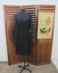 Rico Antonio Black Lace Evening Dress  Long Lace Sleeves  Ruched Bodice  Size Small